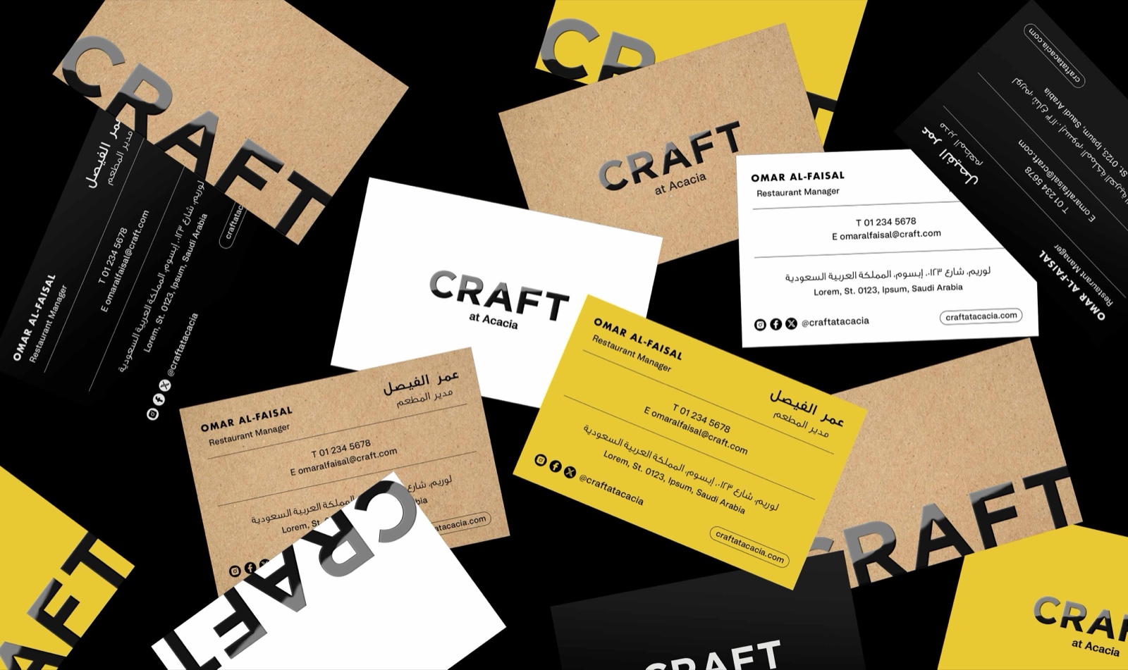 Craft business cards scattered on black