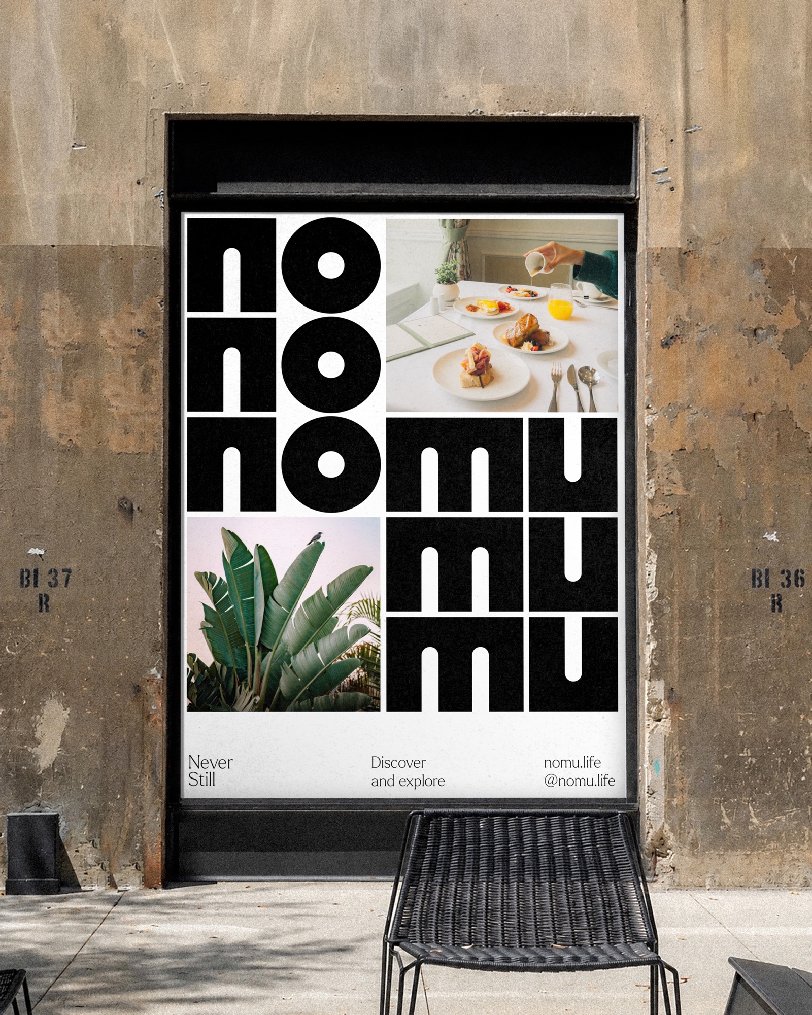 Nomu poster in a street display beside a cafe chair