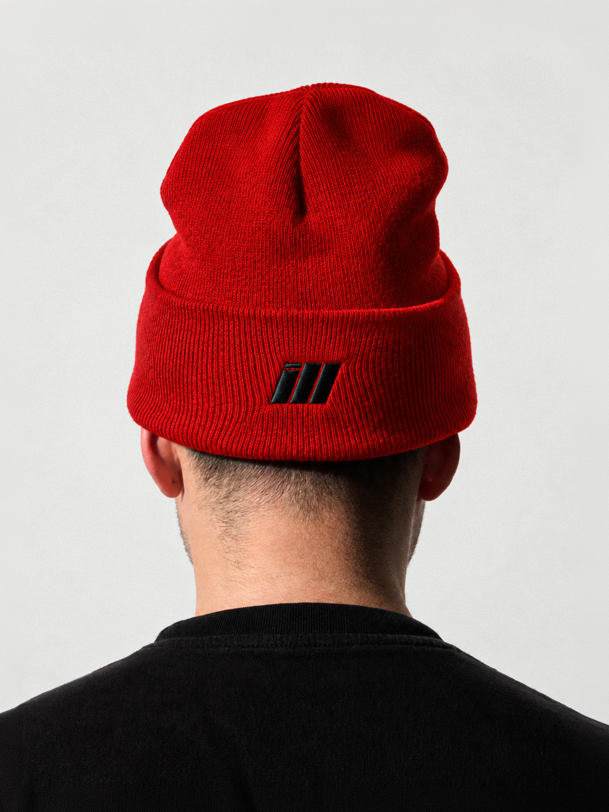 Red ILL beanie, from behind