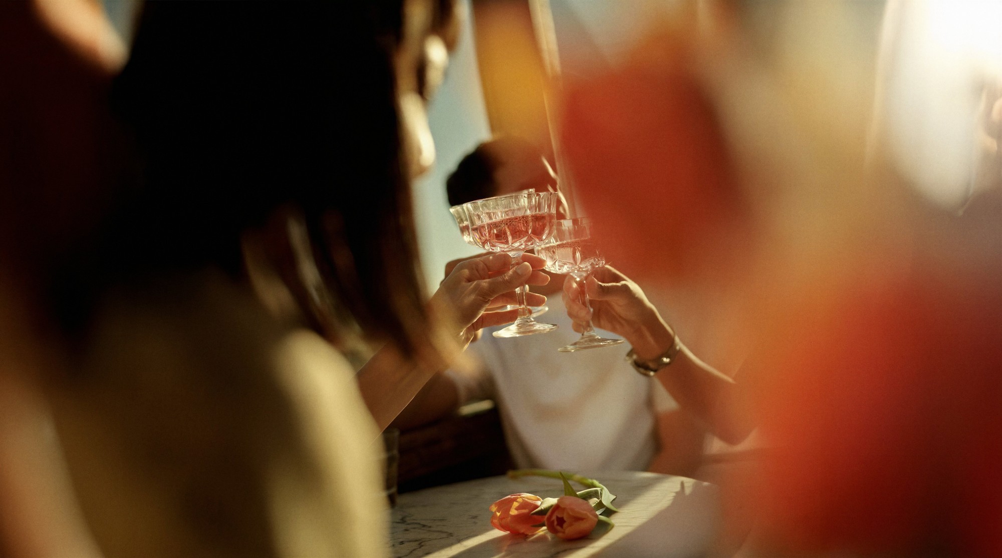 A toast between friends in warm evening light
